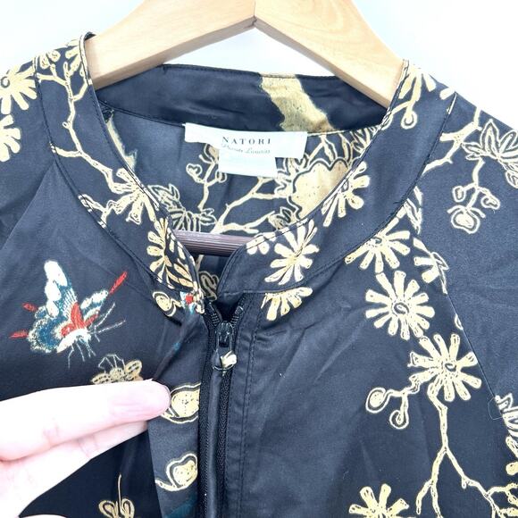 NATORI Private Luxuries Floral Bird Print Silky Zip Front Kimono Robe Medium - Picture 6 of 8